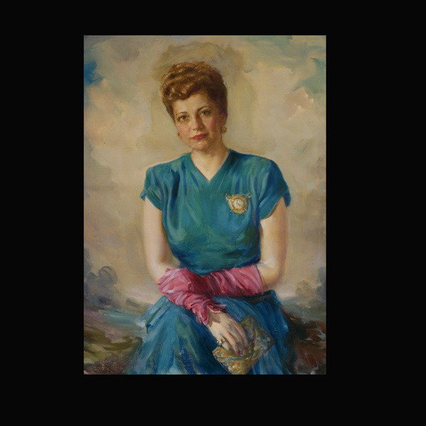 Martha B Elliot. "Portrait" Oil on canvas: MARTHA BEGGS ELLIOT (Amerian, 1892 - 1987) "Portrait of Mrs Francis Kats" Oil on canvas. 36 x 27 inches. Signed lower left. Verso: Information on painting, signed. In good condition: Canvas needs re-s