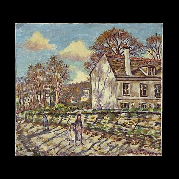 Hugo Fisher, An Autumn Afternoon Walk.: HUGO MELVILLE FISHER (American, 1878 - 1946) "An Autumn Afternoon Walk through a Rural Town" Oil on canvas. 26 x 29 inches. Signed lower right. In good condition.