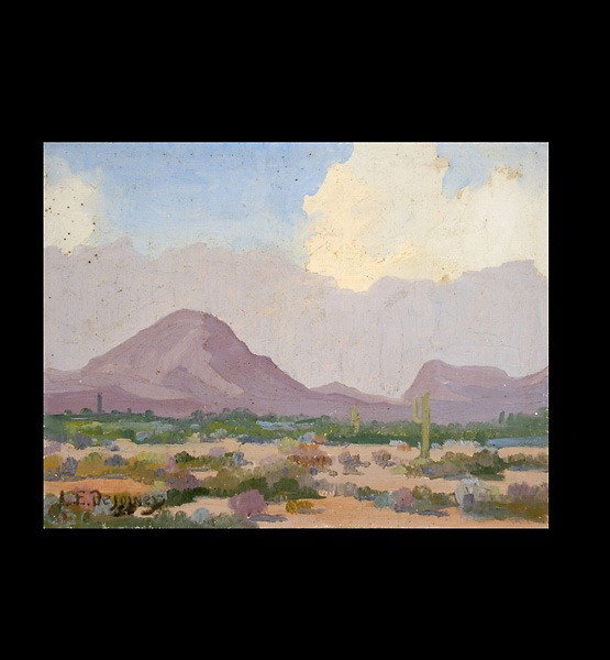 L. E. De Joiner. "Approaching Dust Storm" Oil: LUTHER EVANS DE JOINER (American, 1886 - 1954) "Approaching Dust Storm" 1950. Oil on canvas mounted to board. 7 3/4 x 10 inches. Signed and dated lower left. In good condition.