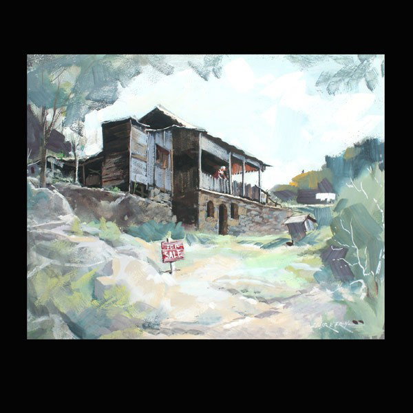 Clair Fry gouache American regionalism: CLAIR V. FRY (American, 20th century) "For Sale" Egg tempera on paper. Signed lower right. Sight 15 x 19 inches. In very good condition. Matted, framed and glazed. Not examined out of the frame. Clair