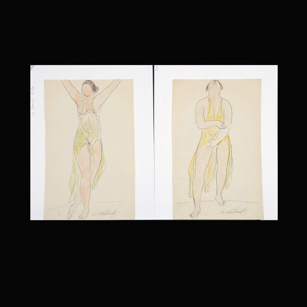 Abraham Walkowitz Isadora Duncan modern art: ABRAHAM WALKOWITZ (Russian/American, 1878 - 1965) "Isadora Duncan Dancing" Two works: Watercolor and Ink on paper. 12 1/2 x 8 inches. Signed lower right. Provenance: From the collection of Warren Chen