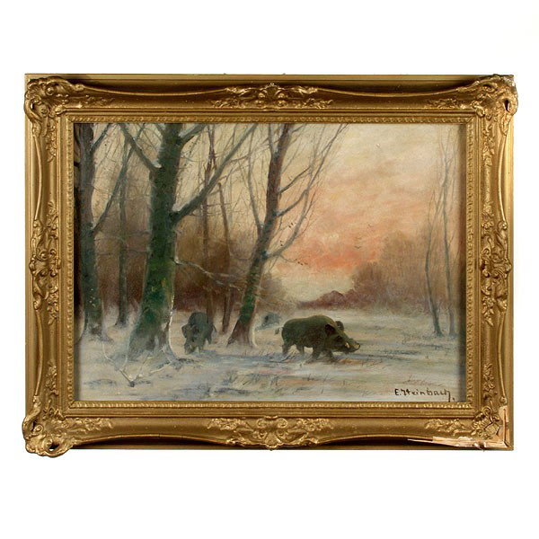 EDUARD STEINBACH. "Wild Boar" Oil : EDUARD STEINBACH (German, 1878 - 1939) "Wild Boars in the Black Forest" Oil on Canvas. Sight: 17 1/2 x 23 1/2 Inches. Signed lower right. In good condition: Moderate inpainting in the sky and minor sp