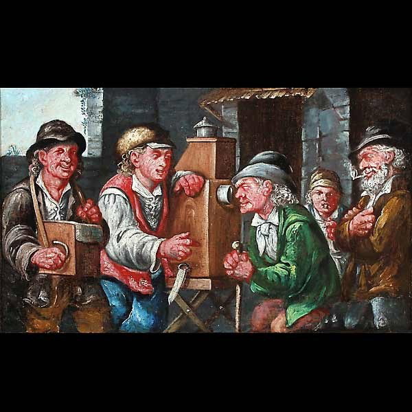 attr. Henri or Hendrik Imberts painting: NORTHERN EUROPEAN (Probably 19th/20th century) "Rural Street Show". Oil on canvas. Label on back attributes it to "Des Mottelettes Hendrik Imberts" 13 1/2 x 22 3/4 inches. In fair condition: Appears t