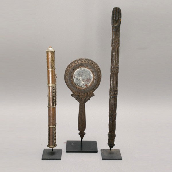 3 Himalayan tribal India art: Three HIMALAYAN items: a tubular metal container, a hand mirror, and an offering staff. Length of staff 21 1/4 inches. In good condition, each with a custom base.