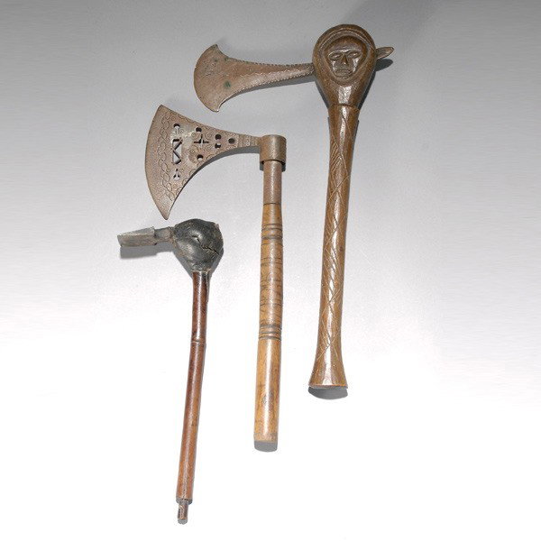 4 antique tribal tools oceania african art: Three ethnographic blade items including a central AFRICAN prestige axe, a fine Oceanic adze (functional), and a North African prestige axe with openwork designs on blade and inlaid metal wire on wood