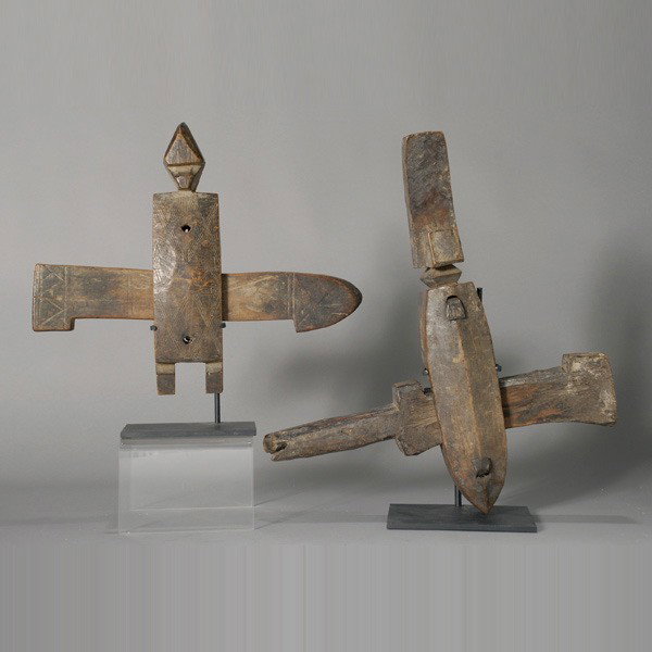 Bambara Dogon Mali africa african tribal art: Two complete door locks from Mali, BAMBARA or Dogon. On stands. One 17 1/2 inches high. In good condition.