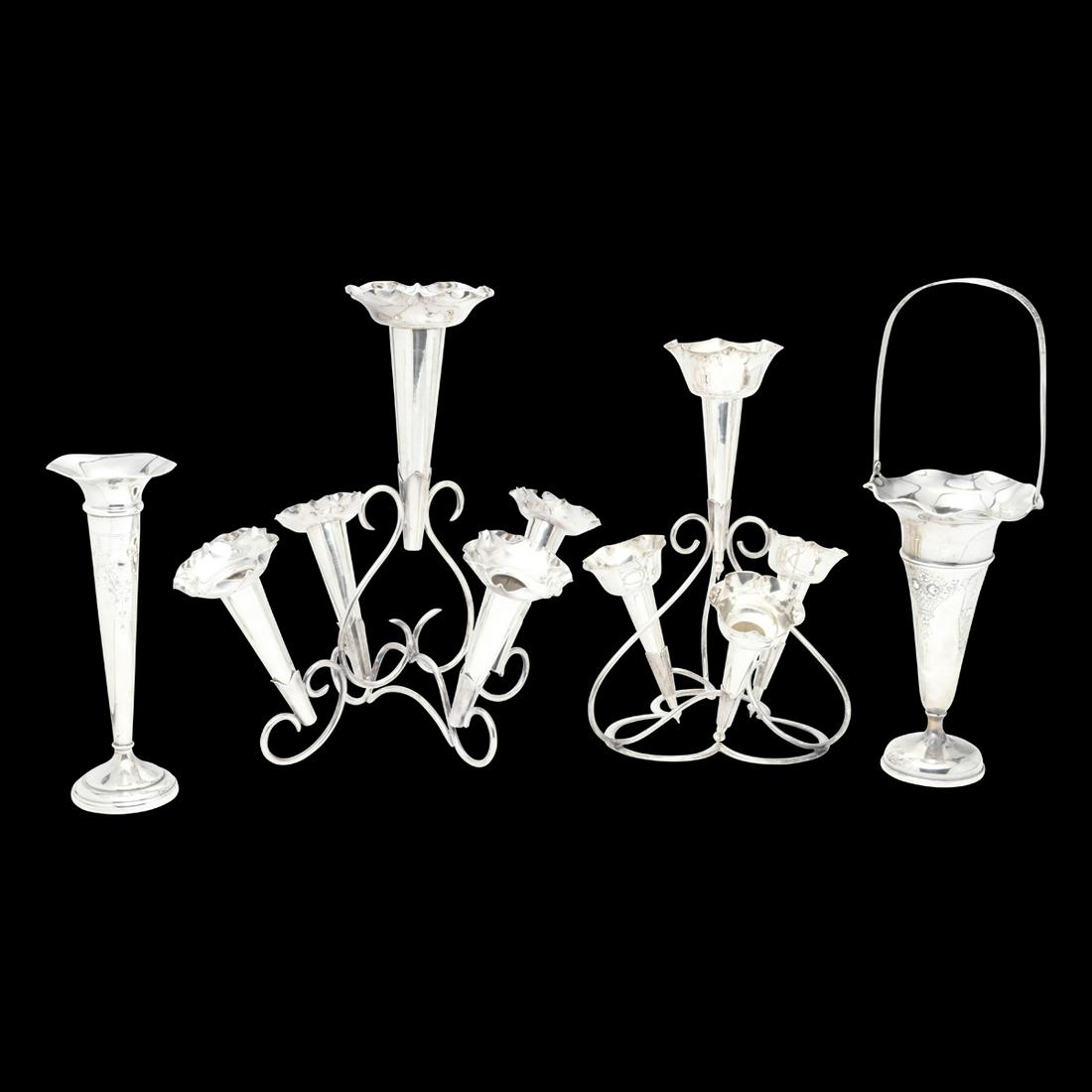 Sterling and Silverplate Epergnes and Weighted Vases: Sterling and Silverplate Epergnes and Weighted Vases. Comprising silver plate epergne with four trumpet form removable vases, Mappin and Webb silver plate epergne with five trumpet form vases, weighte
