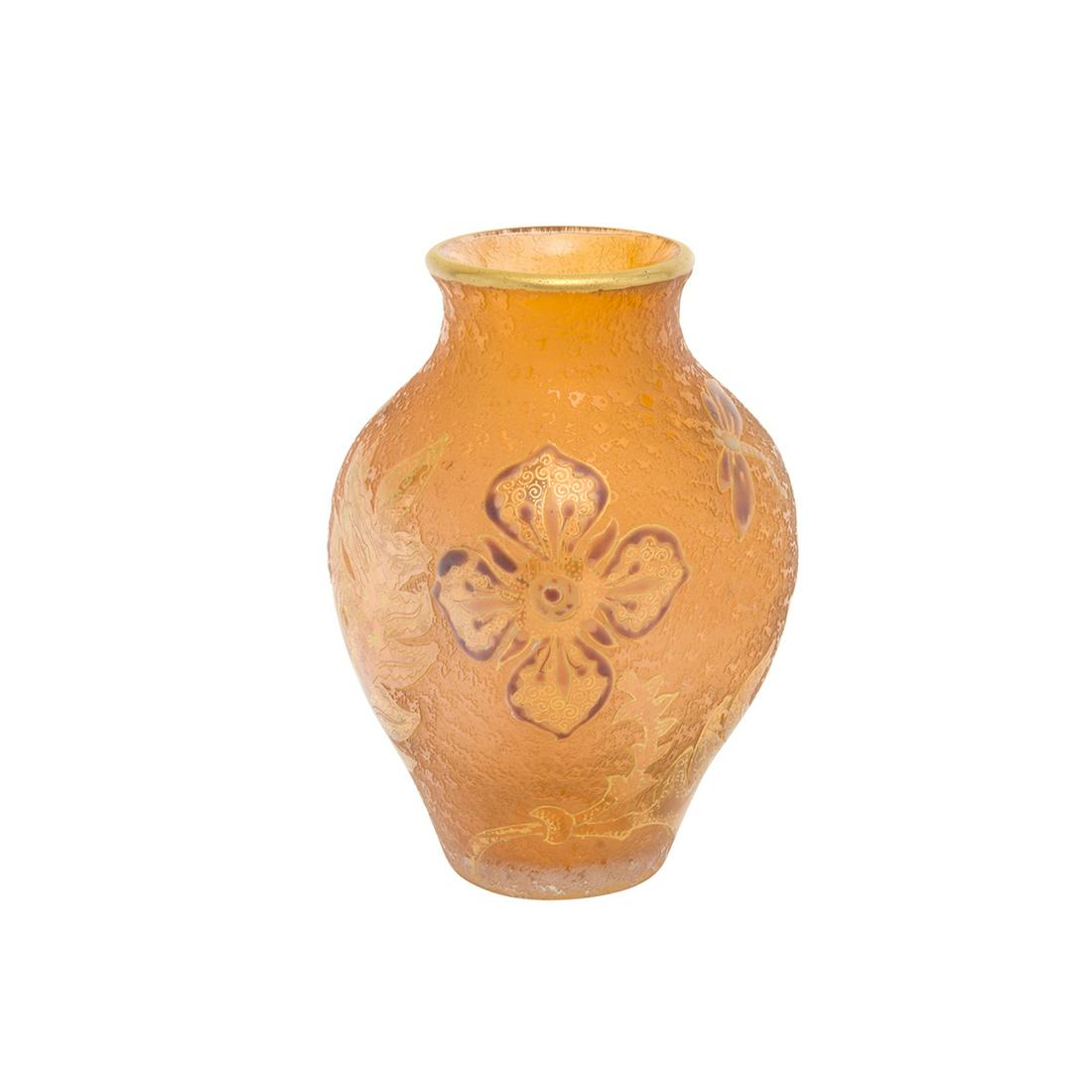 Daum Nancy Cameo Glass Vase: Daum Nancy Cameo Glass Vase. Everted mouth, high shoulder, the tapered body with pinched sides, round foot; textured pink glass surface; gilt and enamel decoration with insects, flowers, and leaves. T