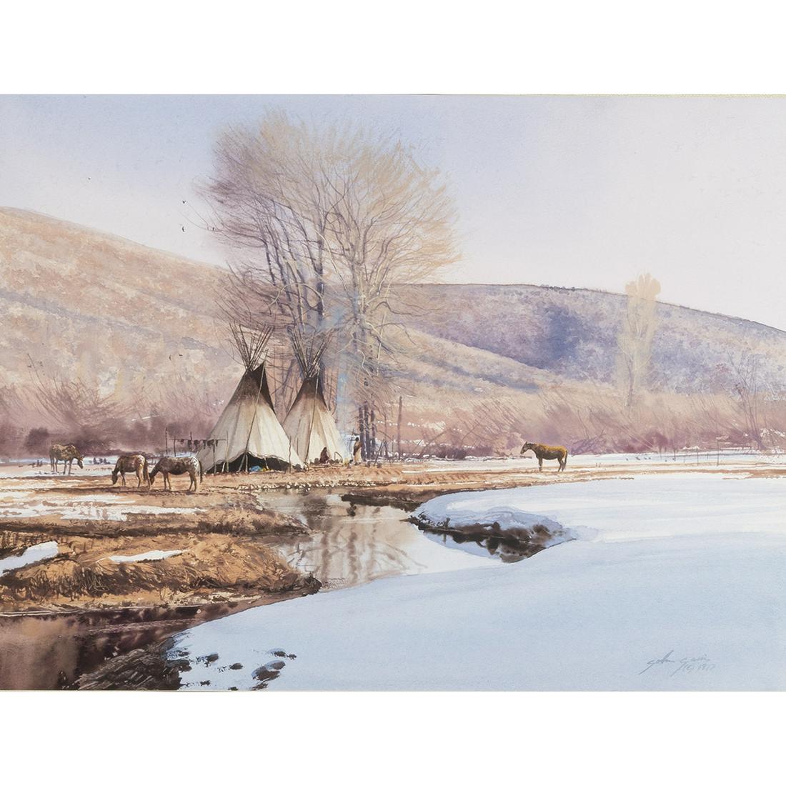 John Brent Jarvis, Indian Camp in winter, watercolor (1 of 4)