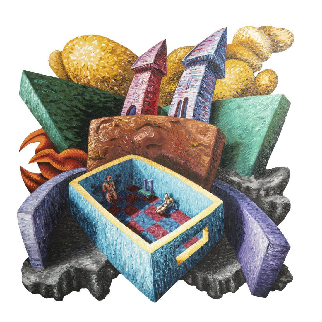 Kent Matricardi, Castle, oil on wood: KENT MATRICARDI American, 20th Century), â€œCastle,” 1988, oil on wood, (Approximate dimensions - overall: 50 x 52 inches), titled, signed, and dated verso.