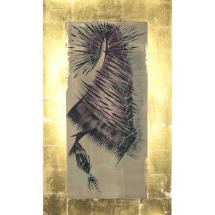 Lari Pittman, Nesting Instinct, monoprint: LARI PITTMAN (American, b. 1952), "Nesting Instinct," 1982, monoprint with acrylic and gold leaf on paper, (Approximate dimensions - sheet: 30 x 17.5 inches, framed: 34 x 21.5). Rosamund Felson Galler