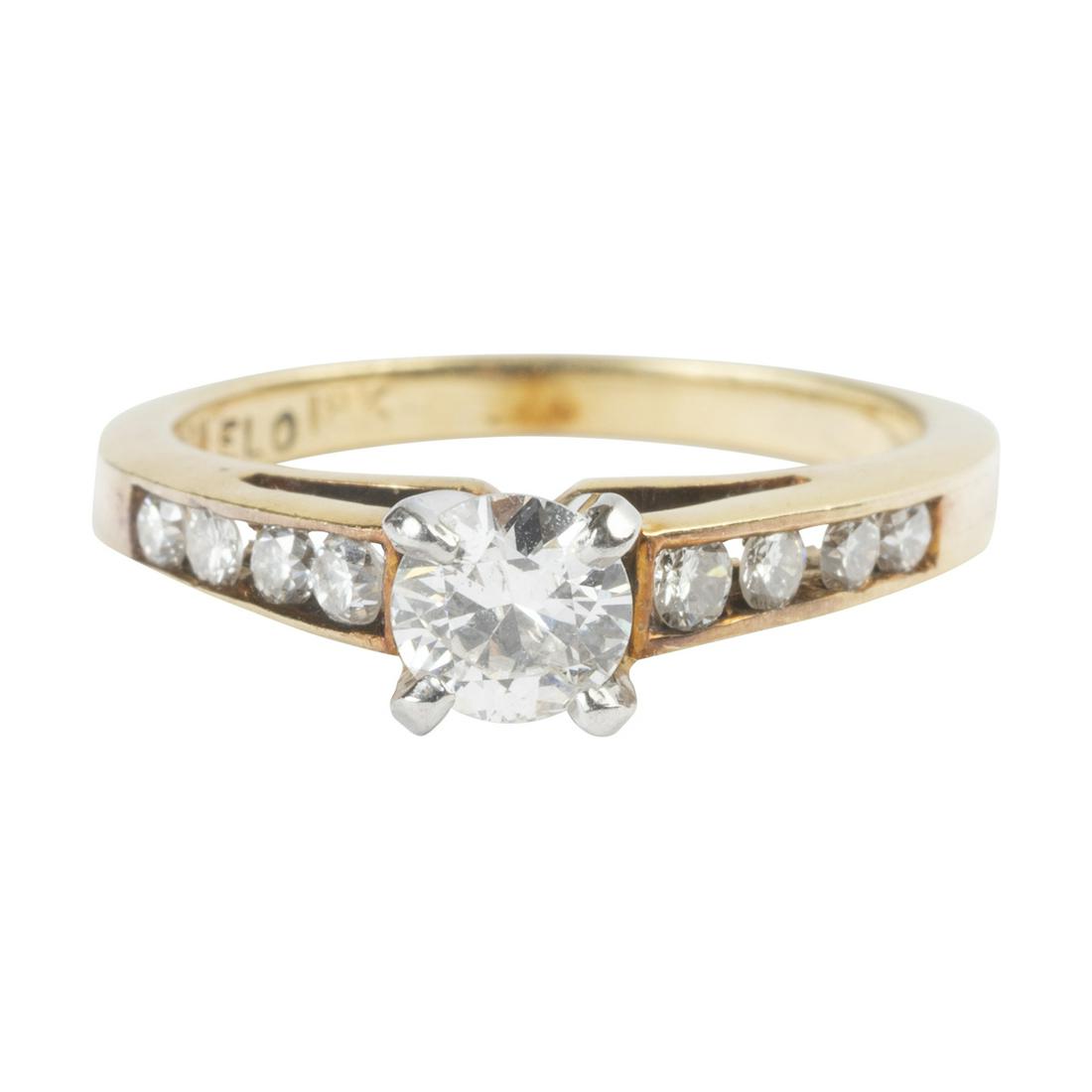 Diamond, 18k Yellow Gold Ring.: Diamond, 18k Yellow Gold Ring. Featuring one round brilliant-cut diamond weighing approximately 0.35 ct., accented by eight full-cut diamonds weighing a total of approximately 0.20 cttw., set in an 18