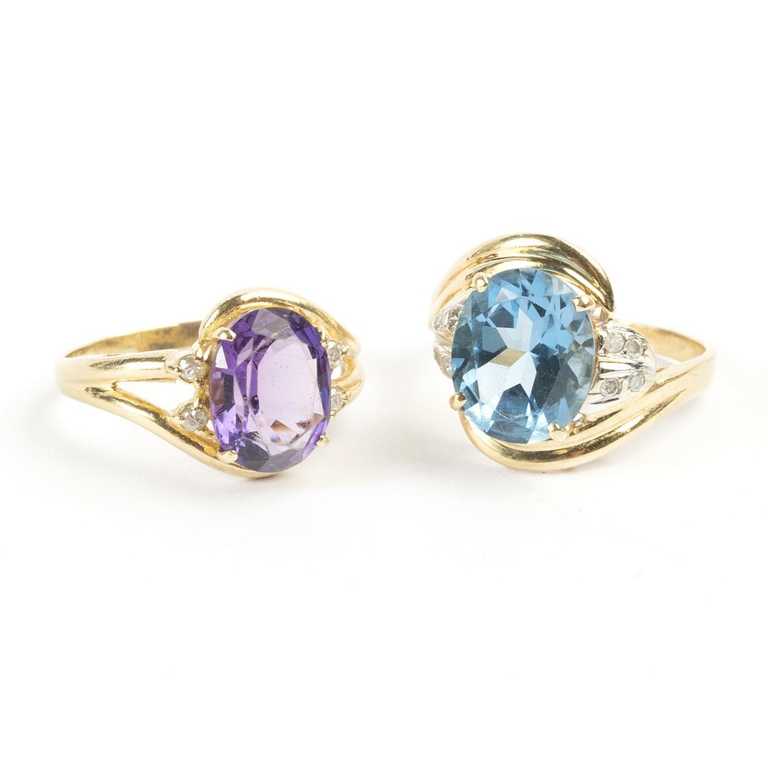 Two Amethyst, Blue Topaz, Diamond, 14k  Gold Rings. (1 of 4)