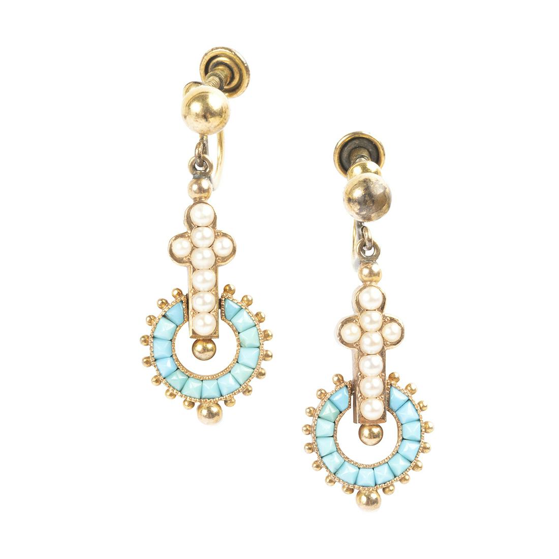Pair of Victorian Seed Pearl, Turquoise Earrings. (1 of 3)