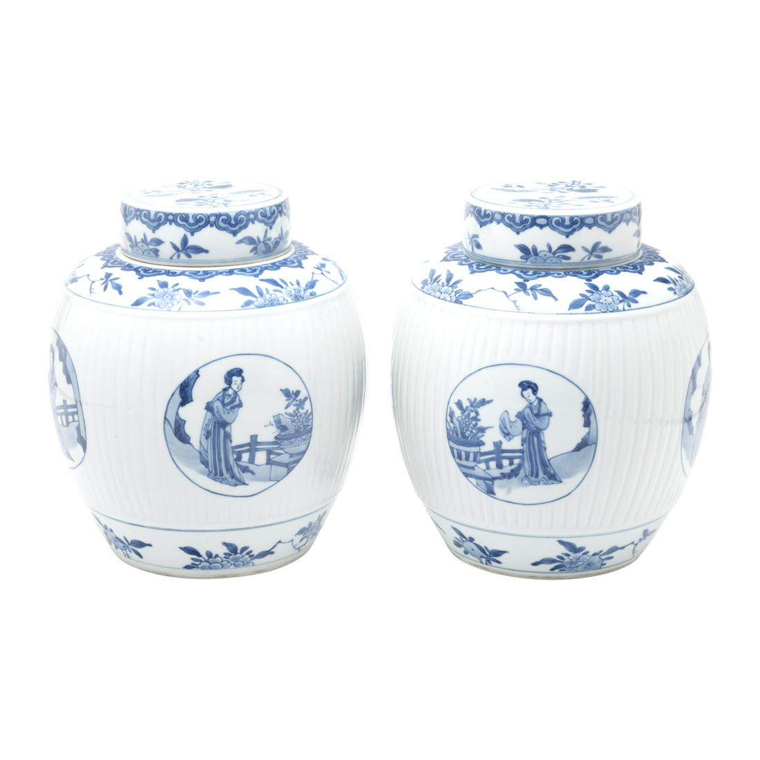 Pair of Chinese Blue and White Covered Figural Jar (1 of 3)