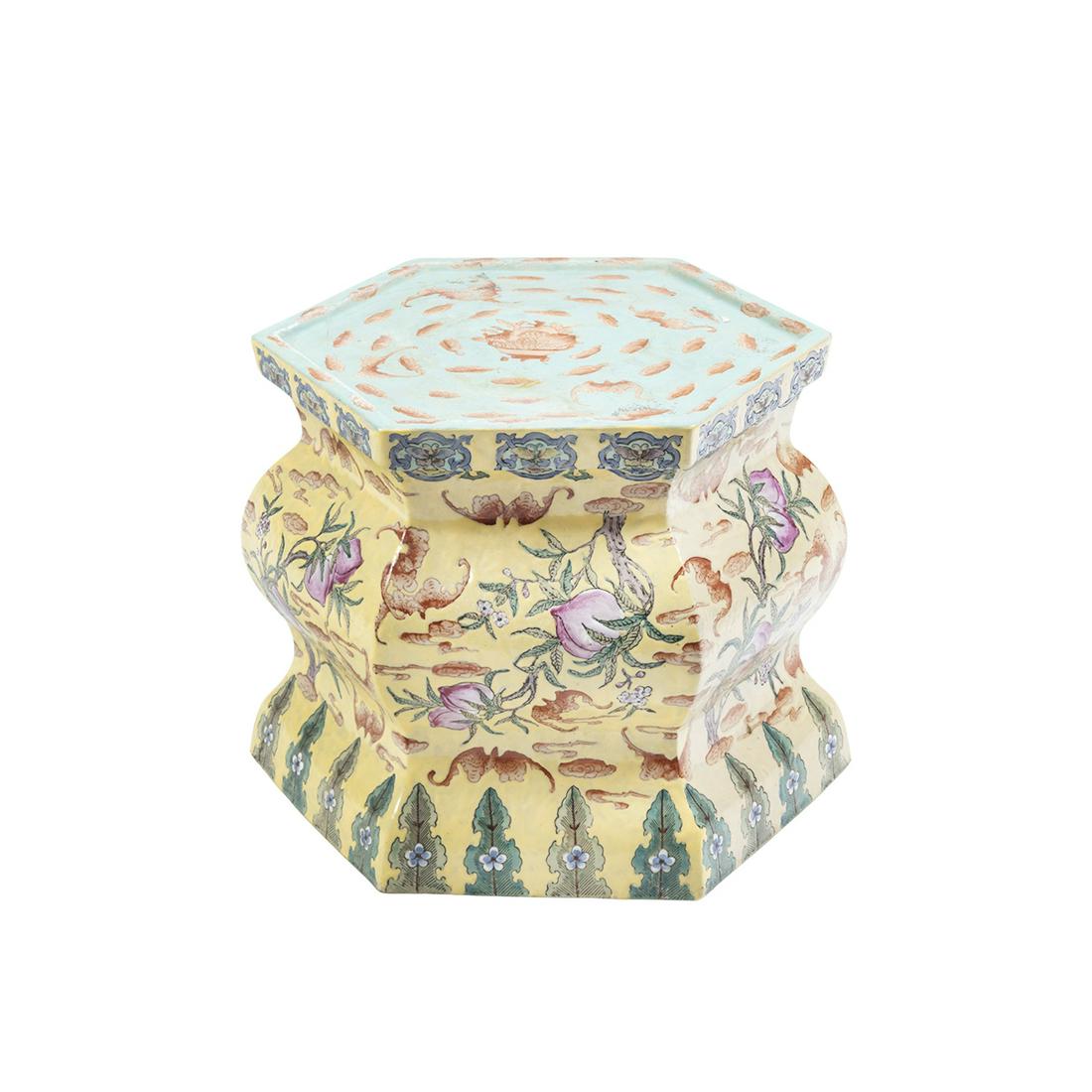 Chinese Hexagonal Famille Rose Porcelain Base: A Chinese Large Hexagonal Famille Rose Porcelain 'Peaches and Bats' Base. Of hexagonal form, finely enameled to each side to depict fruit-bearing peach trees surrounded by flying bats on the yellow gr