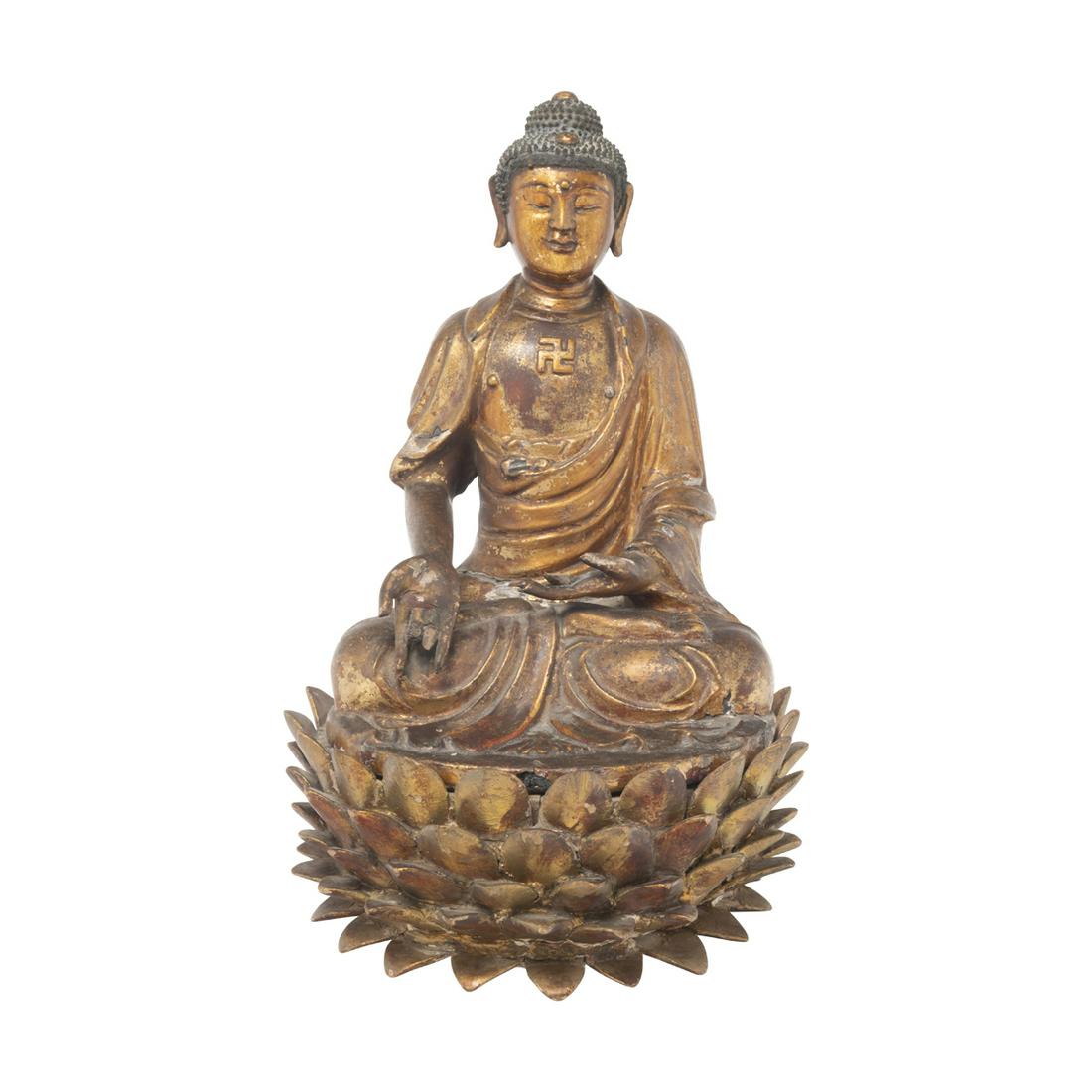 Chinese Large Carved Wooden Gilted Buddha on Lotus Base (1 of 4)