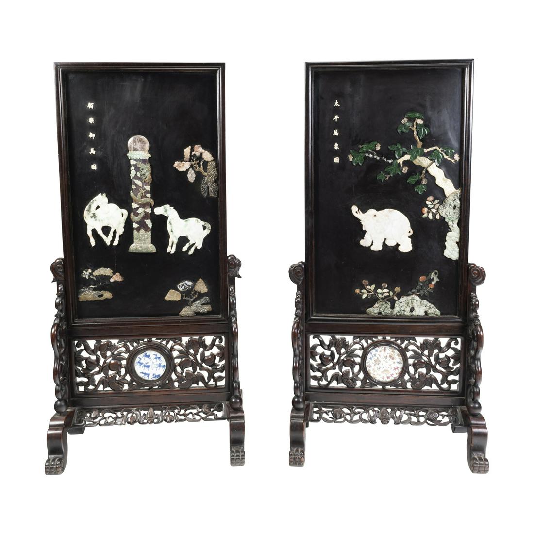 Pair of Chinese Panels with Hardstone Embellishments (1 of 6)