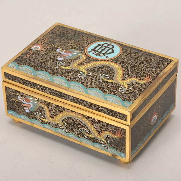 A Rectangular Cloisonné-Enameled Box, Early 20th C: A Rectangular Cloisonné-Enameled Box, Early 20th Century, decorated to each side with dragons, waves and flaming pearls, the black background heightened by gilt wire scrolls, the interior lined with 