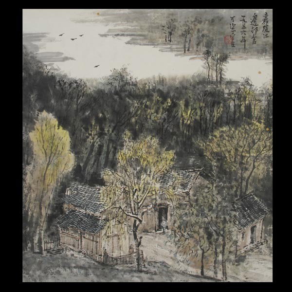 A Hanging Scroll: Village by Jialin River: A Hanging Scroll: Village by Jialin River, ink and color on paper, the upper right titled, dated, and bearing a signature 'Li Keran', one seal {14 3/4 x 13 3/4 inches (37.5 x 34.9 cm)}