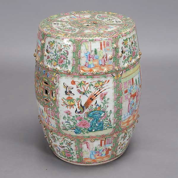 A Canton Famille Rose Export Porcelain Garden Seat: A Canton Famille Rose-Enameled Export Porcelain Garden Seat, of barrel form decorated to the exterior with rectangular reserves depicting figures, flowers and birds, surrounded by elaborate and colorf