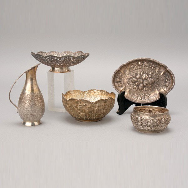 Group of Five Asian Table Decorations: Group of Five Asian Table Decorations: two Thai bowls and an ewer, marked "AK96Silver"; a petal form filigree footed bowl; and a tray with repousse fruit decoration {Height of ewer 5 inches; diameter 