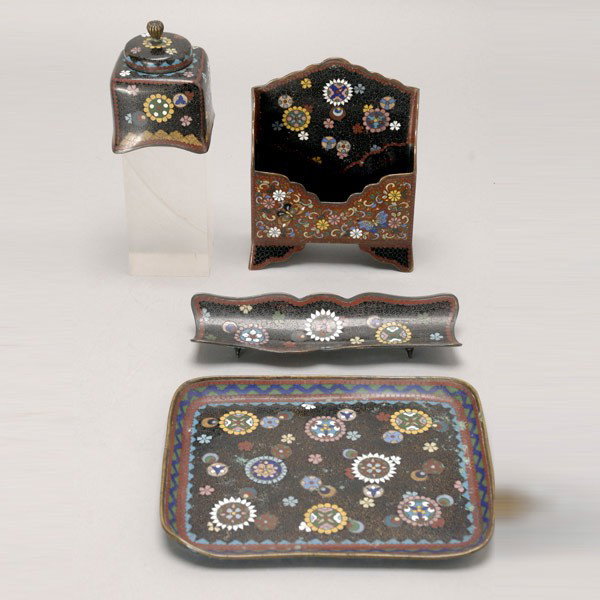 Four Piece Cloisonné Desk Set:: Four Piece Cloisonné Desk Set: tray; letter holder; inkwell; and pen tray {Dimensions of tray 6 3/4 x 5 5/8 inches} [Losses]