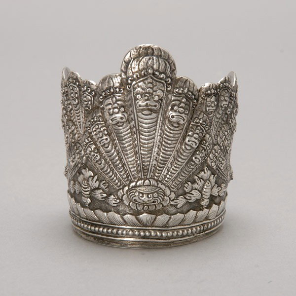 Thai Silver Cuff Bracelet: Thai Silver Cuff Bracelet with Repeating Mask Design, marked French Silver Indochina {Width 2 1/2 inches, height 3 inches}