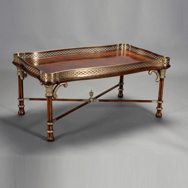 Drexel Coffee Table with Brass Gallery Top: Drexel Coffee Table with Brass Gallery Top in Chippendale Style {Dimensions 23 1/2 x 49 1/2 x 29 1/2 inches}