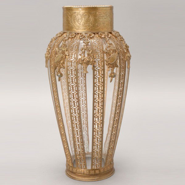 Beaux Arts Gilt Metal Mounted Glass Vase: French Beaux Arts Reticulated Gilt Metal Mounted Glass Vase with Swag Border of Trophies and Flower Baskets {Height 12 1/4 inches}