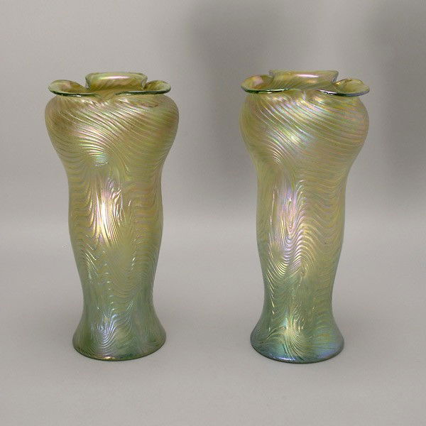 Pair of Loetz Vases, signed on base "Loetz Austria: Pair of Loetz Vases, signed on base "Loetz Austria" {Height 12 3/4 inches}