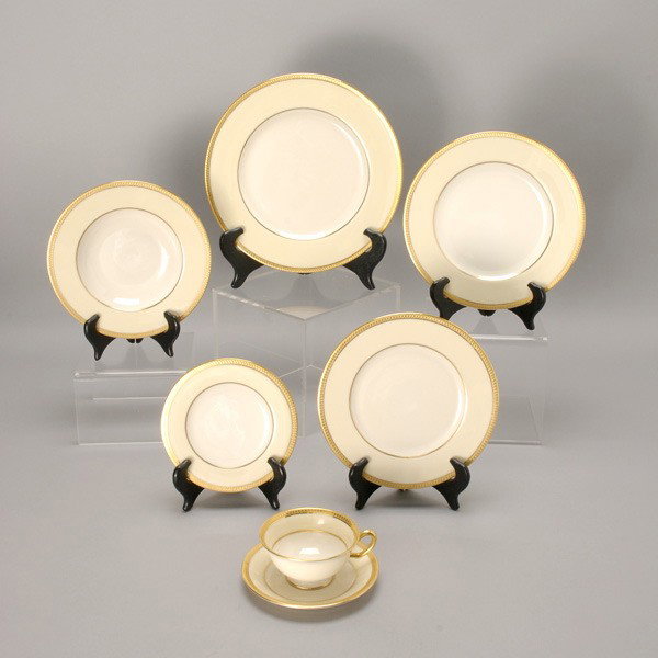Lenox Service in the Springfield Pattern: (83): Lenox Gilt Rimmed Partial Dinner Service in the Springfield Pattern: twelve dinner plates (diameter 10 1/2 inches); twelve lunch plates (diameter 9 inches); twelve soup bowls (diameter 8 1/4 inches); 