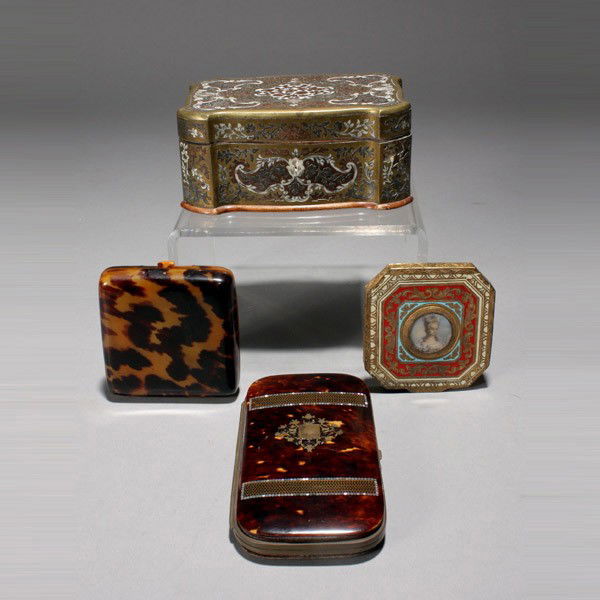 Napoleon III Boulle Style Box and two compacts: Napoleon III Boulle Style Mother of Pearl, Ivory and Brass Inlaid Jewelry Box; together with a tortoise shell case and two compacts (4) {Dimensions of first 2 1/2 x 5 1/4 x 3 3/4 inches}