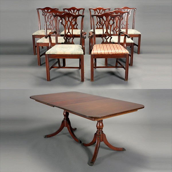 Duncan Phyfe Style Dining Table and Eight Chairs: Duncan Phyfe Style Dining Table and Associated Set of Eight Georgian Chairs, including two armchairs {Dimensions of table without leaves 31 x 62 x 42 inches; armchair 39 1/2 x 25 1/4 x 20 inches; widt