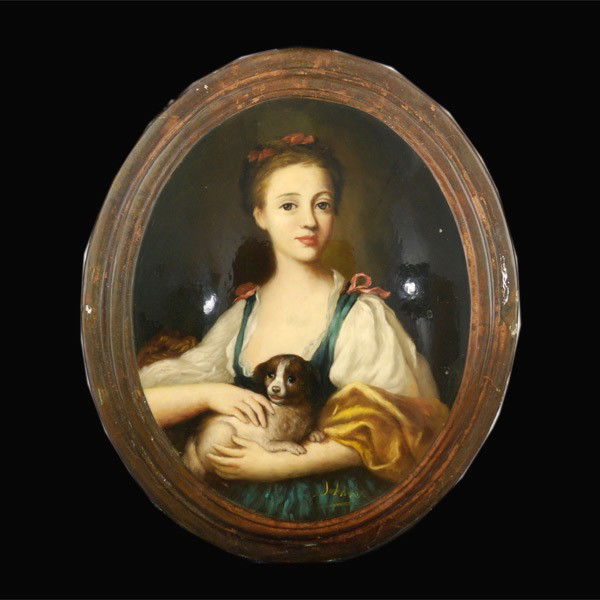 English School "Young Lady with dog " Oil: BRITISH SCHOOL (20th Century in an 18th century style) "Young Lady with Cavilier King Charles Spanial" Oil on panel. 10 1/4 x 8 inches. Signed "Johnson" lower right. In good/ fair condition: A few sma