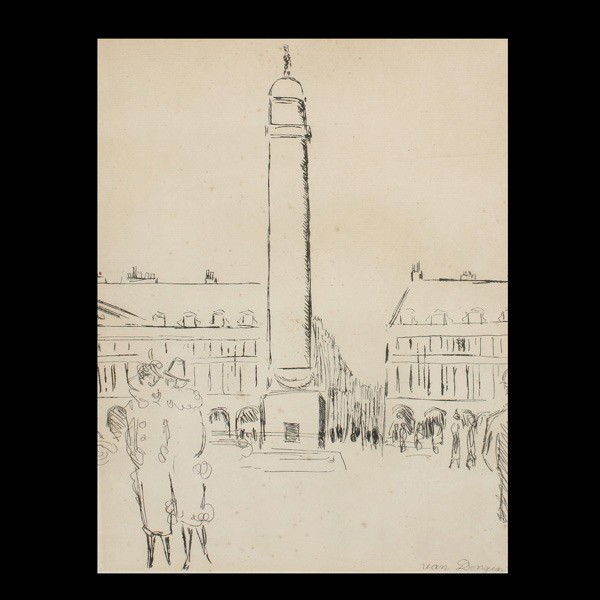 KEES VAN DONGEN "In Front of the Tower" Engraving: KEES VAN DONGEN (Netherlands, 1877 - 1968) "In Front of the Tower" Etching on paper. Plate: 12 3/4 x 10 1/4 inches. Signed in plate lower right. In good condition: Small foxing marks across surface, m