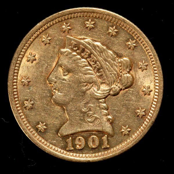 United States $2 1/2 Gold Coin, 1901, AU.: United States $2 1/2 Gold Coin, 1901, AU. Provenance: From the Richard Smith Collection