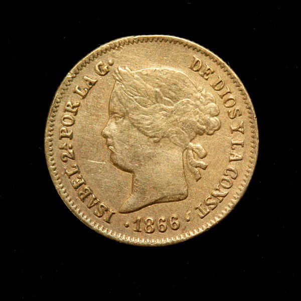 Philippine Gold Coin, 1866, F.: Philippine Gold Coin, 1866, F. 1 peso. Provenance: From the Richard Smith Collection