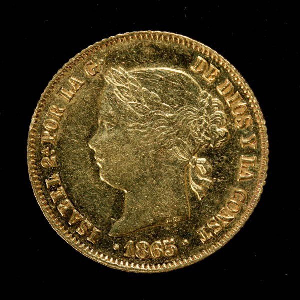 Philippine Gold Coin, 1865, AU.: Philippine Gold Coin, 1865, AU. 4 pesos. Provenance: From the Richard Smith Collection