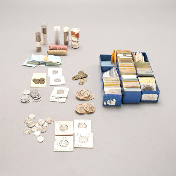 Large Lot of Misc. U.S. Coins, Tokens & Stamps.: Large Lot of Miscellaneous United States Coins, Tokens and Stamps. Provenance: From the Richard Smith Collection