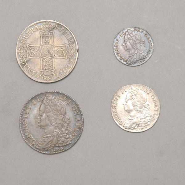 Four Silver English Coins.: Four Silver English Coins. 1746 Lima 1/2 crown, 1703 Vigo 1/2 crown, 1745 Lima shilling, 1745 Lima 6 pence. Provenance: From the Richard Smith Collection