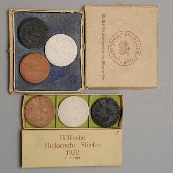German Porcelain Coins in original boxes.: German Porcelain Coins in original boxes. Including Barborosa-Serie (3) and Hallische (3). Provenance: From the Richard Smith Collection