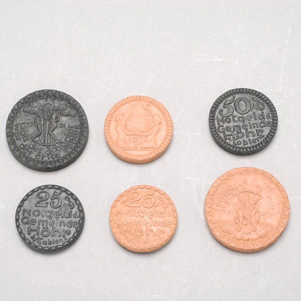 6 German Porcelain Hohr Coins in original box.: Set of six German Porcelain Hohr Coins in original box. Provenance: From the Richard Smith Collection