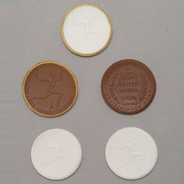 5 Meissen German Porcelain Coins in original box.: Set of five Meissen German Porcelain Coins in original box. Provenance: From the Richard Smith Collection