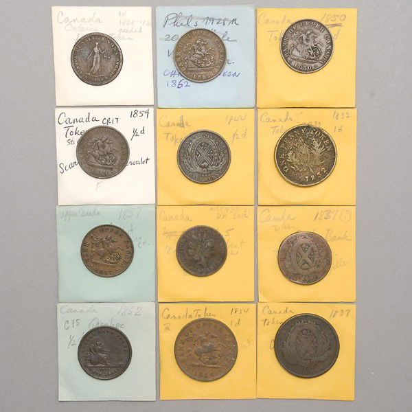 Collection of twelve Canadian 19th Century Tokens: Collection of twelve Canadian 19th Century Tokens. Provenance: From the Richard Smith Collection