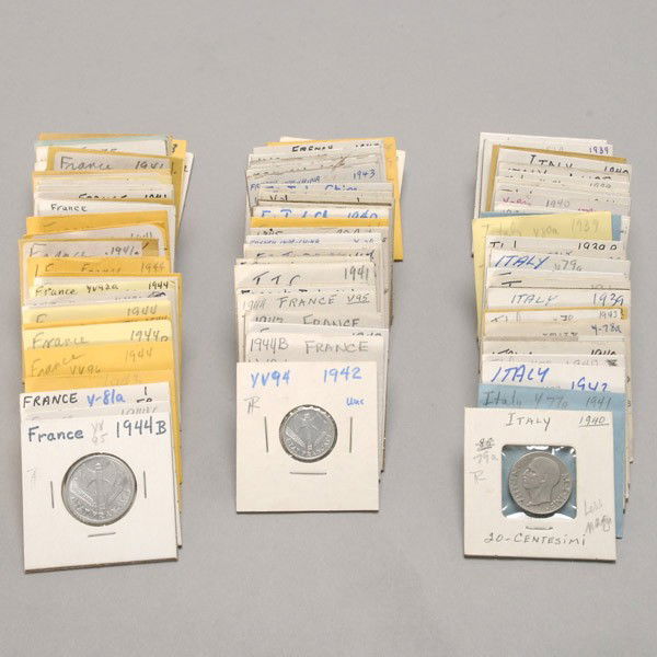 French and Italian World War II Coins.: Collection of French and Italian World War II Coins. Approximately 90 pieces. Provenance: From the Richard Smith Collection
