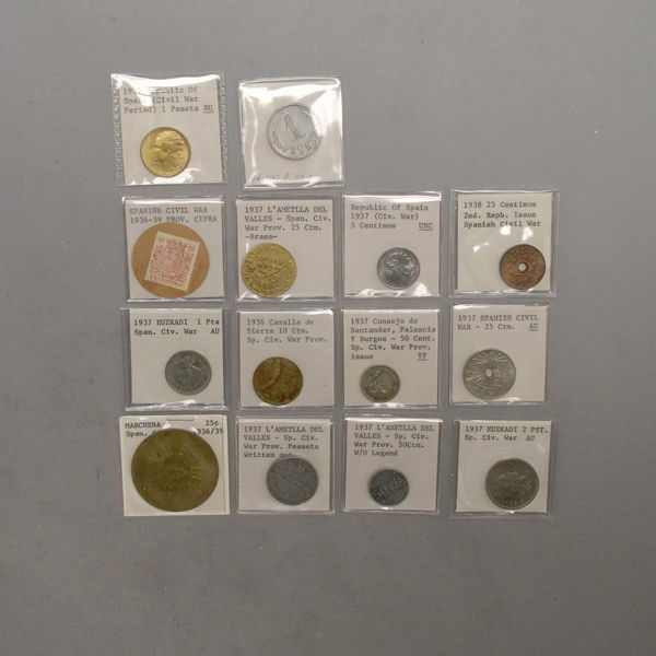 Collection of thirteen Spanish Civil War Coins.: Collection of thirteen Spanish Civil War Coins. Including a Marchena twenty-five cent piece. Provenance: From the Richard Smith Collection