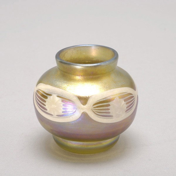 Tiffany Studios Gold Favrile Cabinet Vase: Tiffany Studios gold favrile cabinet vase gold glass with white chain decoration, signed LCT 04106 {Height 3 inches, diameter 3 1/4 inches}