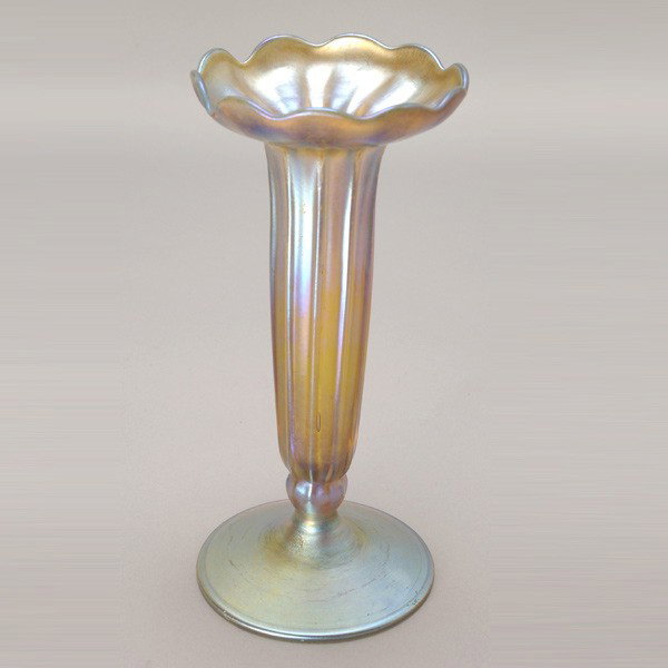 Tiffany Studios Gold Favrile Footed Vase: Tiffany Studios Gold Favrile Footed Vase with Wide Scalloped Rim signed L.C.Tiffany Favrile 5-7218 N 1548 {Height 8 1/2 inches}