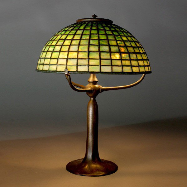 Tiffany Studios Geometric Shade and Base: Tiffany Studios Geometric Shade On A Tiffany Studios Base. Base signed: Tiffany Studios New York #11640, shade signed with metal tag on inside rim: Tiffany Studios New York {Height of lamp 16 1/2 inch